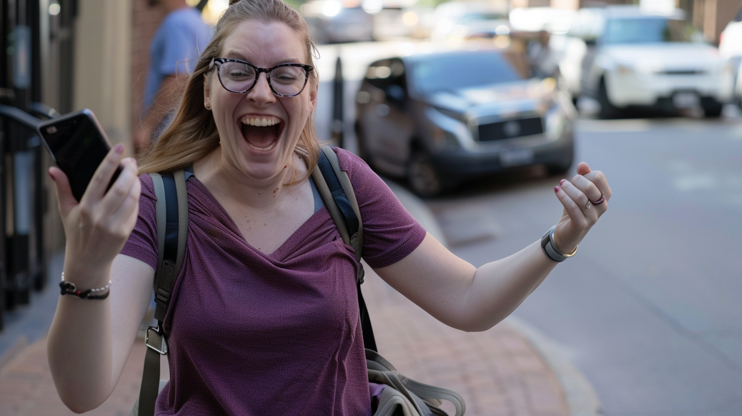 Femme heureuse avec son téléphone | Source : Midjourney