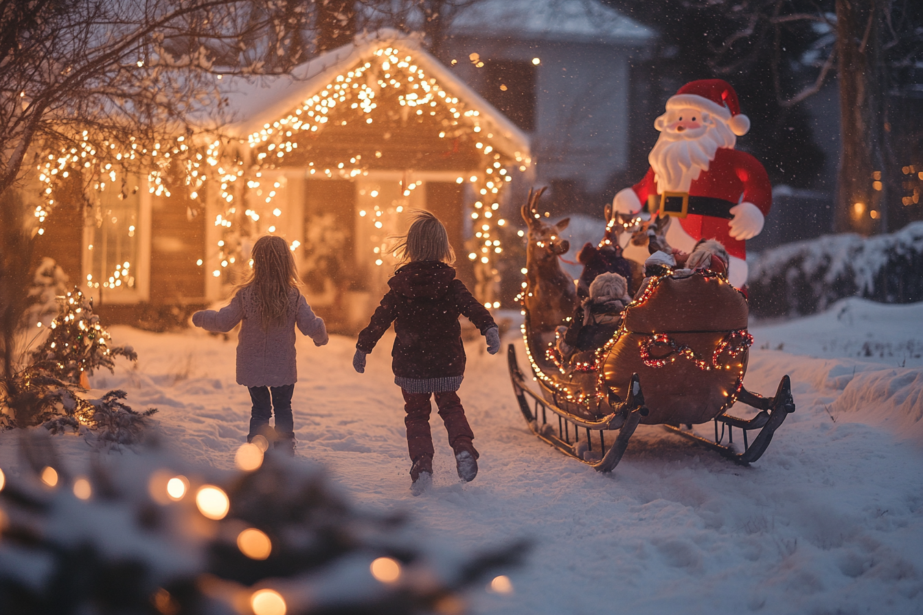 Des enfants courent dans une cour enneigée avec des décorations de Noël | Source : Midjourney