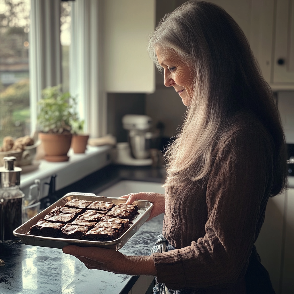 Une femme âgée tenant un plateau de brownies | Source : Midjourney