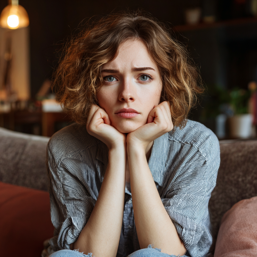 Une femme assise sur un canapé, l'air inquiet | Source : Midjourney