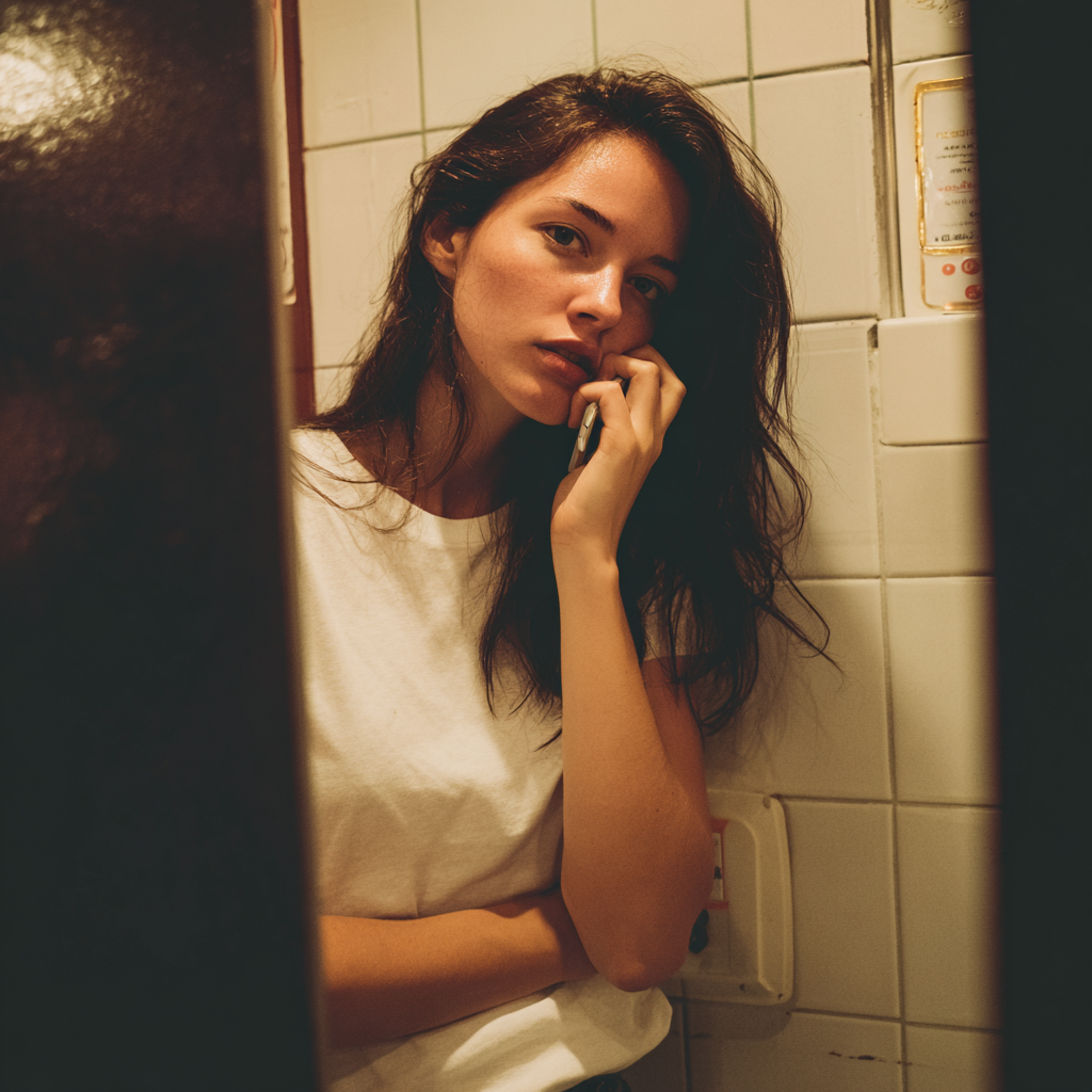 Une femme qui parle au téléphone dans une salle de bain | Source : Midjourney
