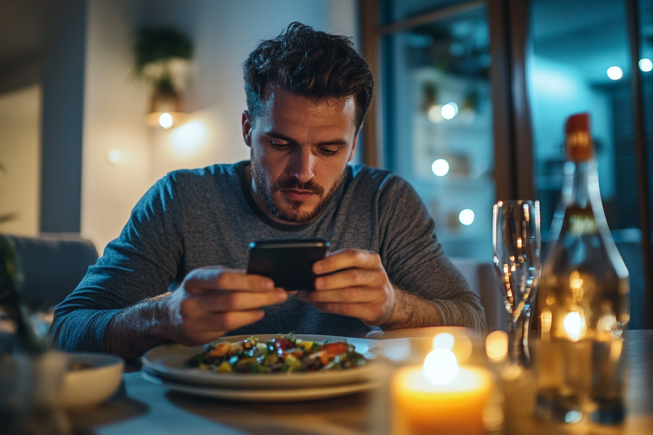 Un homme qui regarde son téléphone pendant le dîner | Source : Midjourney