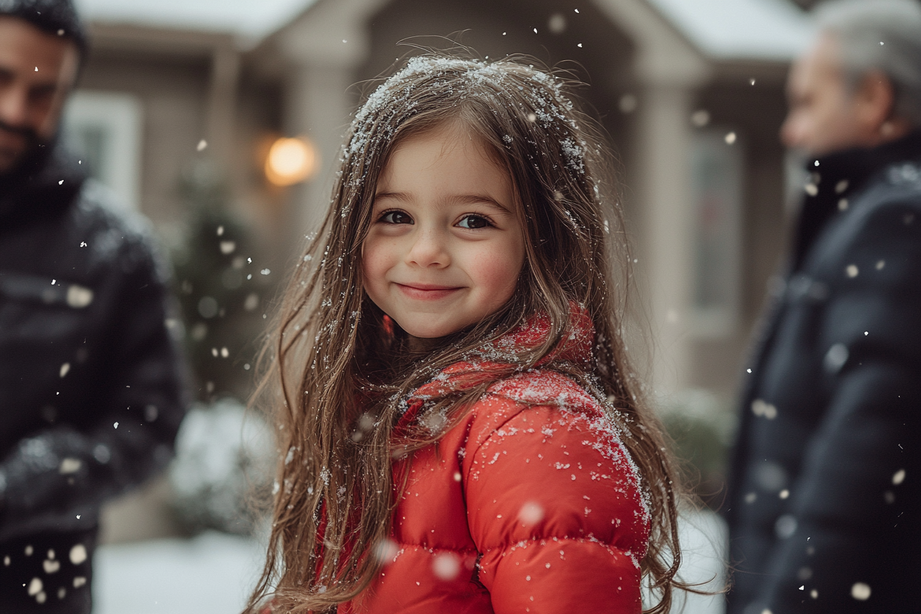 Une petite fille avec une veste rouge, heureuse avec deux adultes en arrière-plan par une journée enneigée | Source : Midjourney