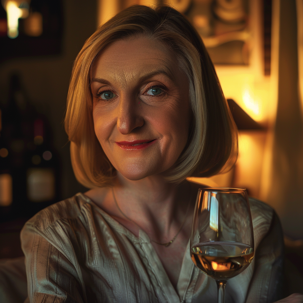 Une femme âgée souriante tenant un verre de vin | Source : Midjourney