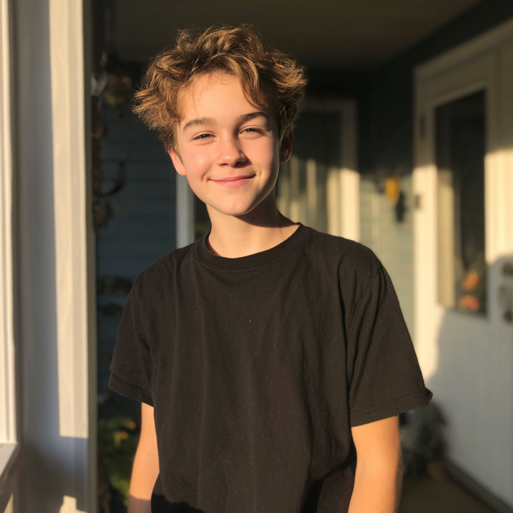 Un adolescent souriant debout sous un porche | Source : Midjourney