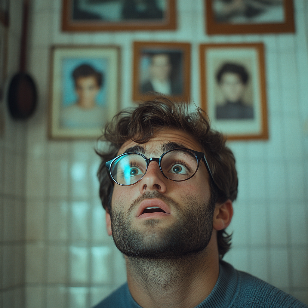 Un homme choqué regardant une salle de bain | Source : Midjourney