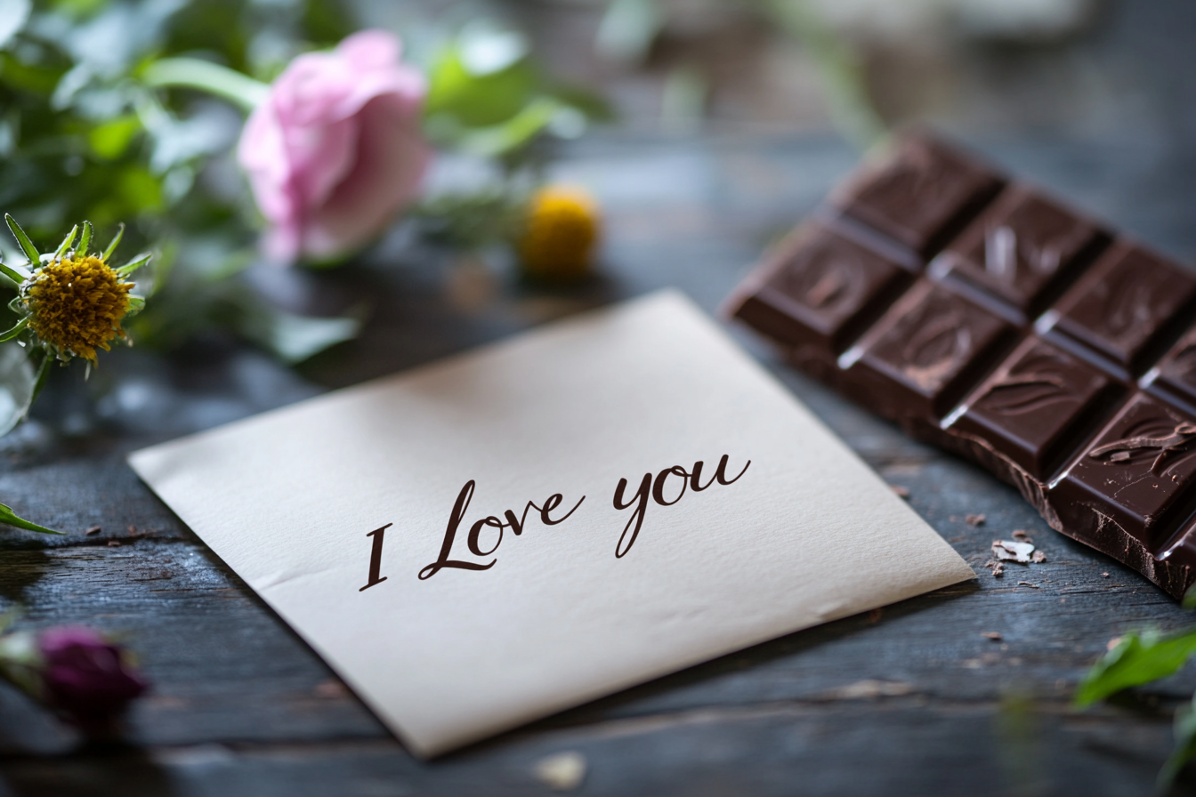 Un mot avec des fleurs et des chocolats | Source : Midjourney