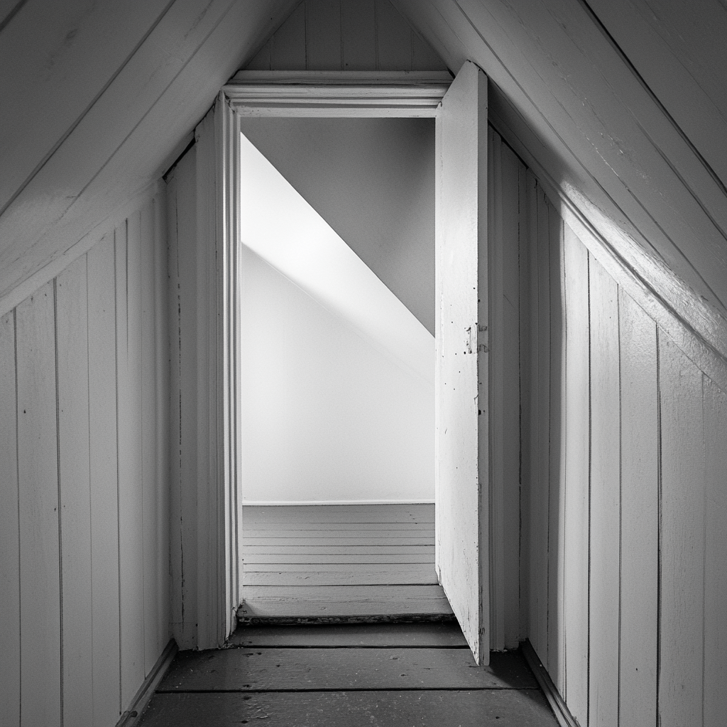 A grayscale photo of an open attic door | Source: Midjourney