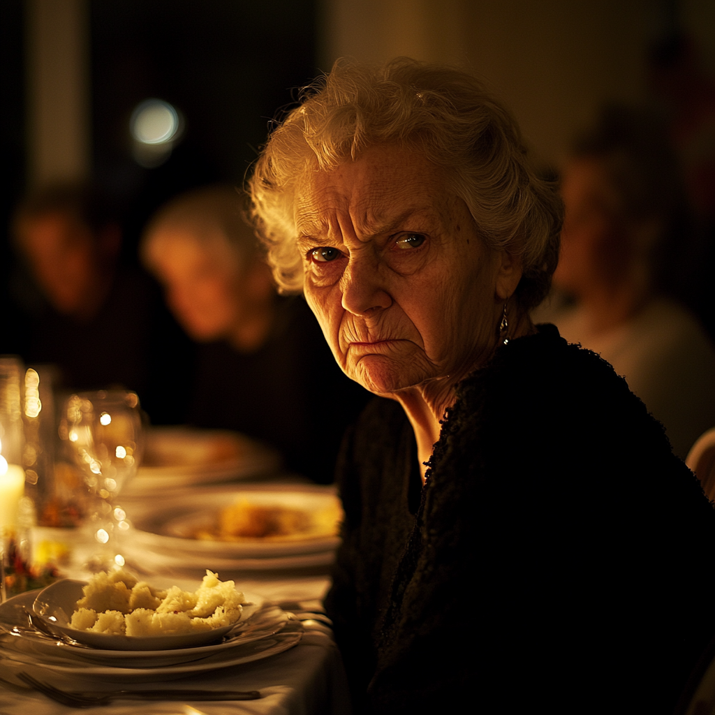 Angry elderly woman at table | Source: Midjourney