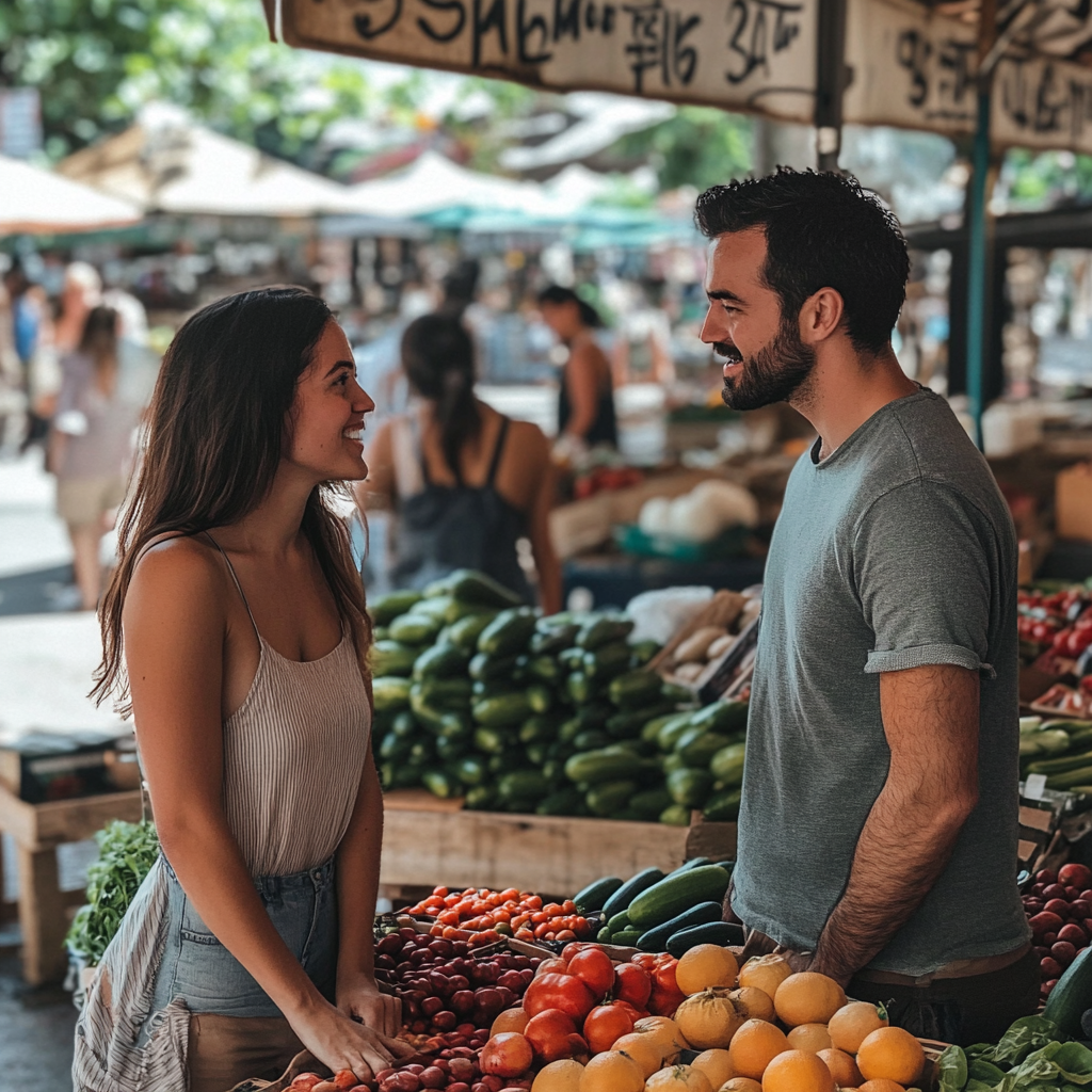 People chatting at a farmers market | Source: Midjourney