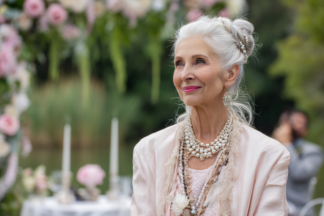 Une femme âgée à un mariage en plein air | Source : Midjourney