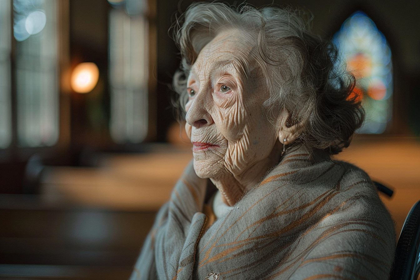 Gros plan d'une femme âgée en fauteuil roulant | Source : Midjourney