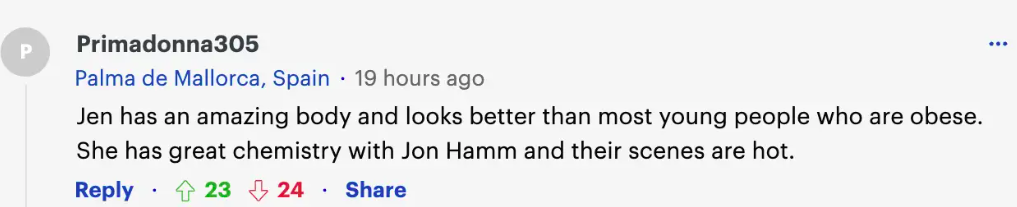 Commentaire d'un fan sur Jennifer Aniston et Jon Hamm, daté du 11 octobre 2023 | Source : Daily Mail