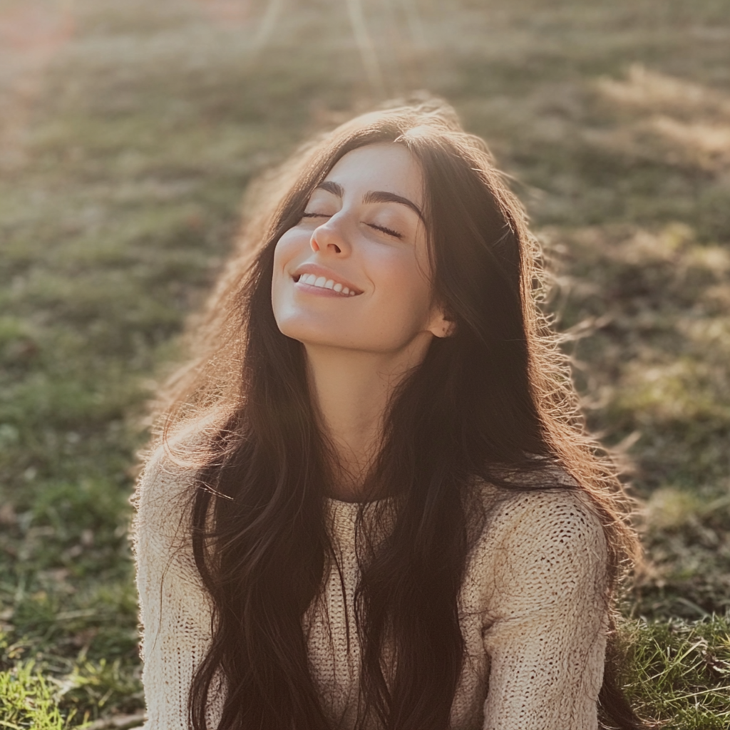 Une femme souriante assise à l'extérieur | Source : Midjourney