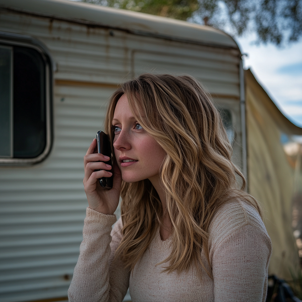 Une femme qui parle au téléphone alors qu'elle se trouve à l'extérieur d'une caravane | Source : Midjourney