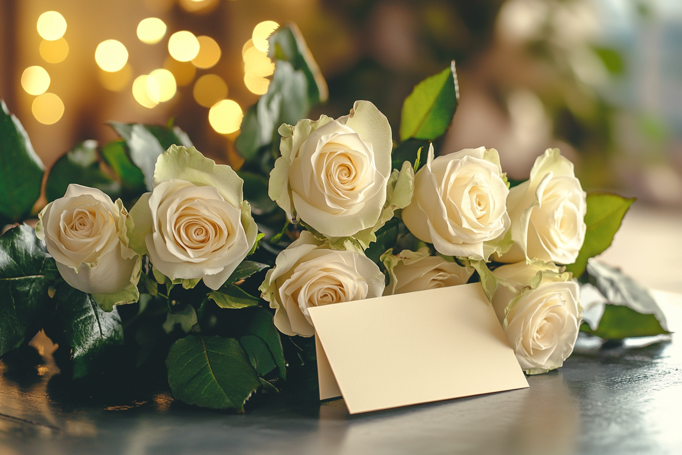 Un bouquet de roses blanches avec un petit mot | Source : Midjourney