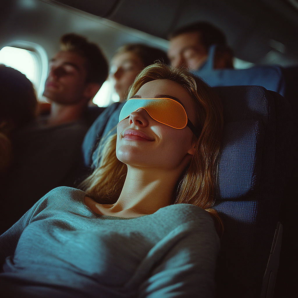 Une femme contente de dormir dans un avion | Source : Midjourney