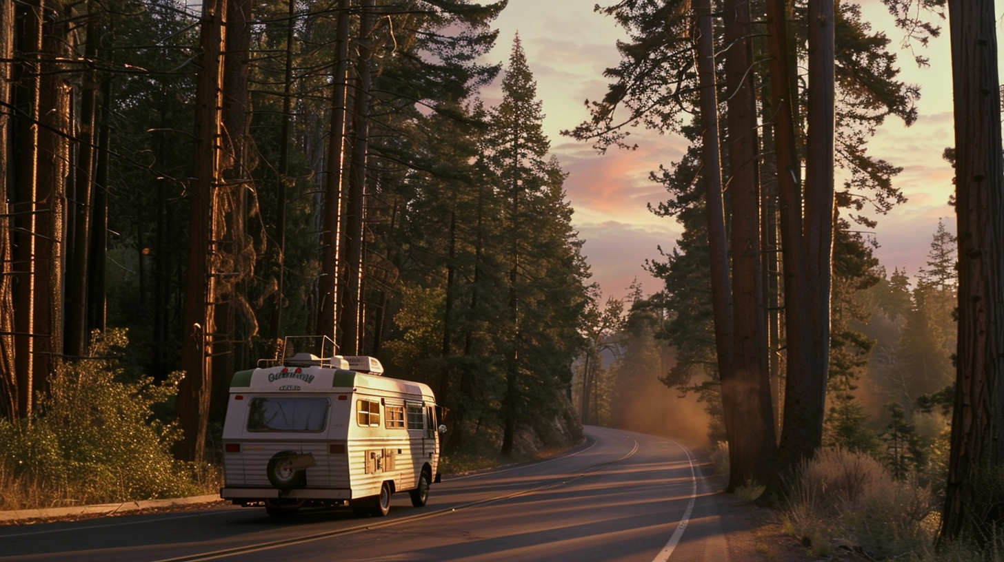 Un vieux camping-car roulant sur la route forestière | Source : Midjourney