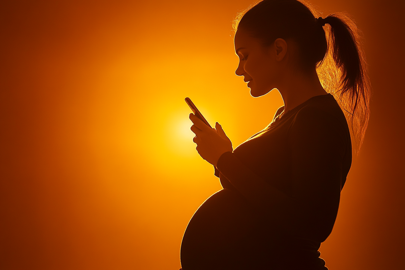 Silhouette d'une femme enceinte tenant un smartphone | Source : Midjourney