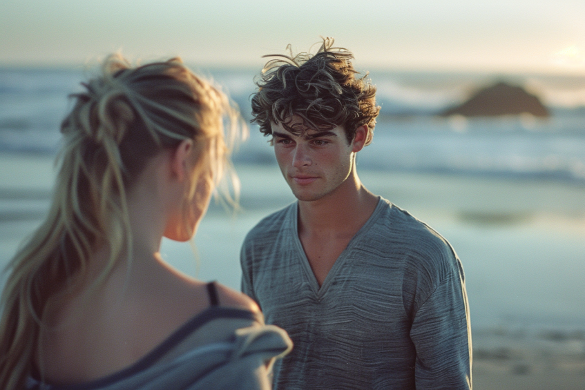 Un homme qui parle à une femme à la plage | Source : Midjourney