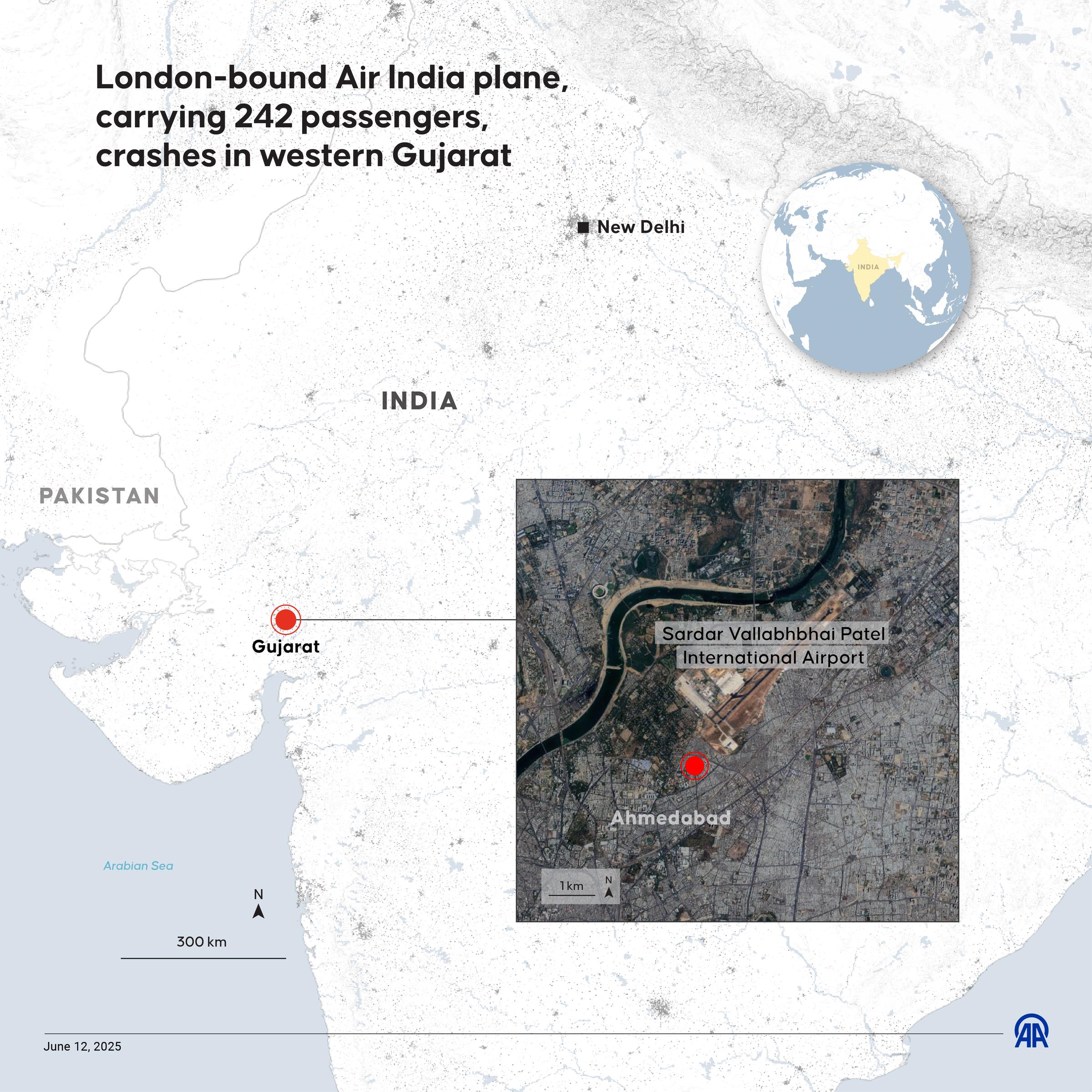Une infographie montrant la trajectoire de l'avion et des informations sur le crash ; photo créée à Ankara, Turkiye le 12 juin 2025. | Source : Getty Images
