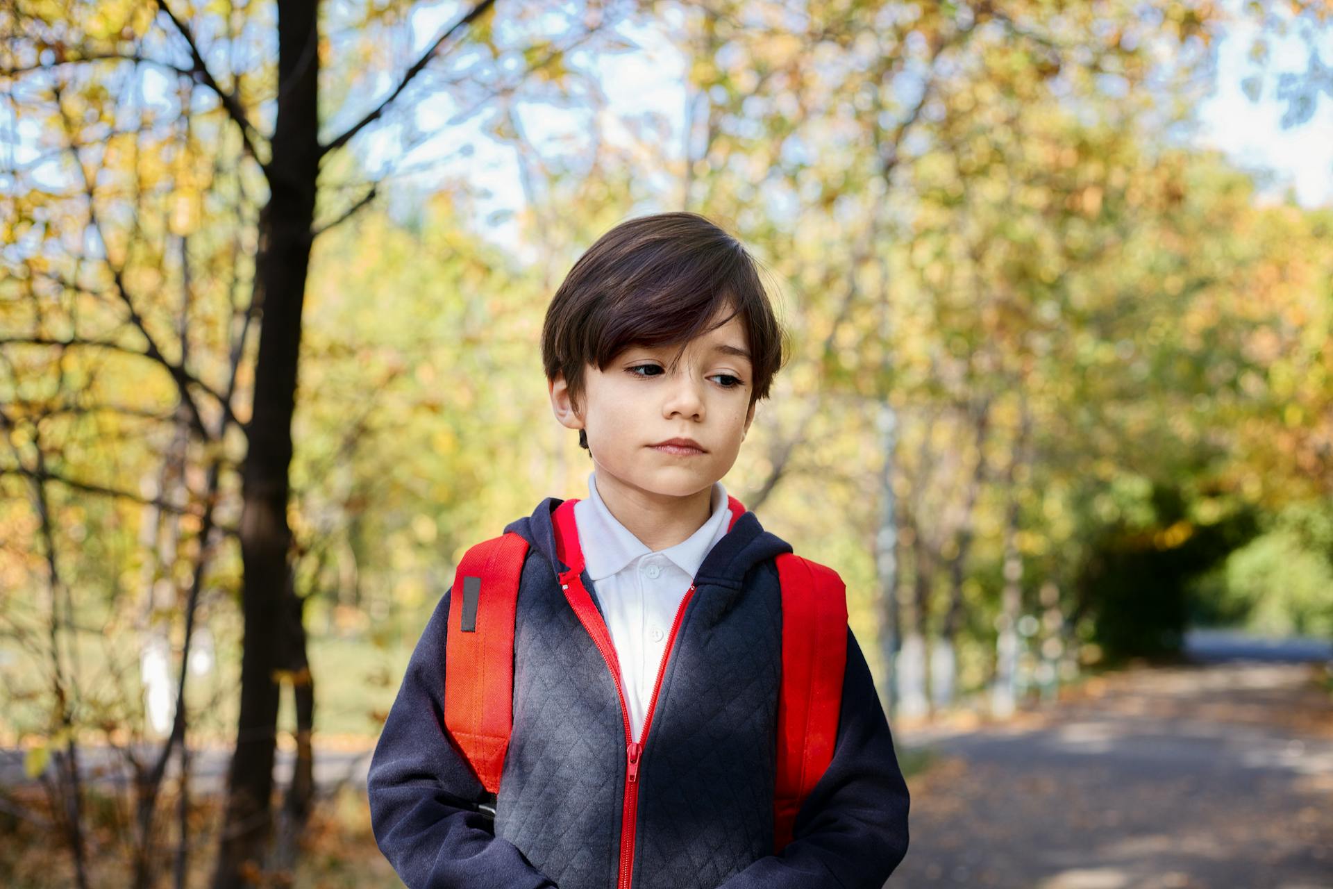 A schoolboy standing in a park, looking sad and worried | Source: Pexels