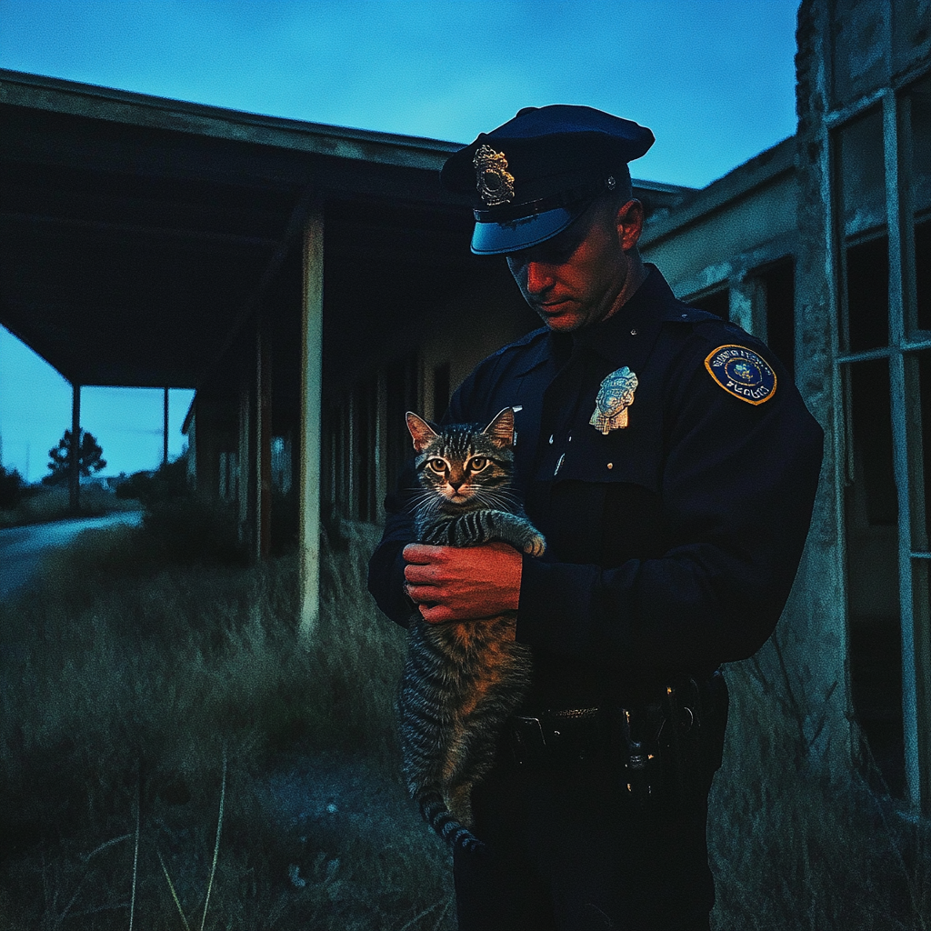 Un agent de police tenant un chat | Source : Midjourney