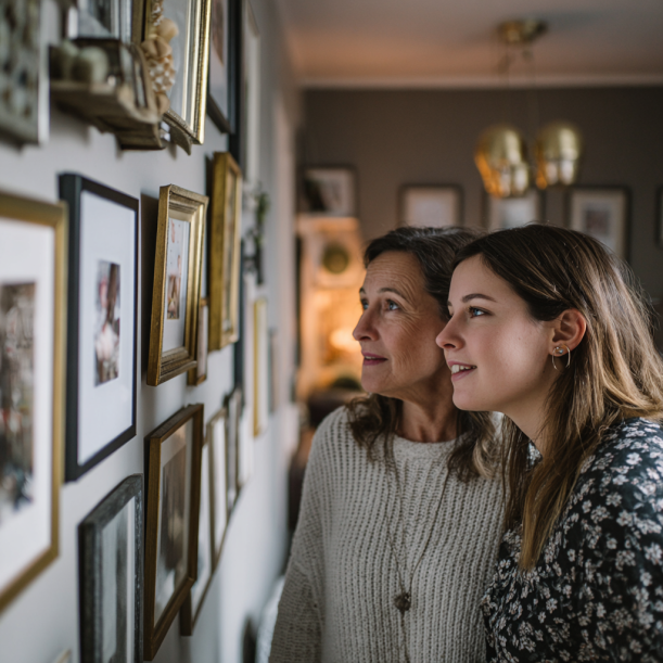 Deux femmes regardent des photos encadrées | Source : Midjourney