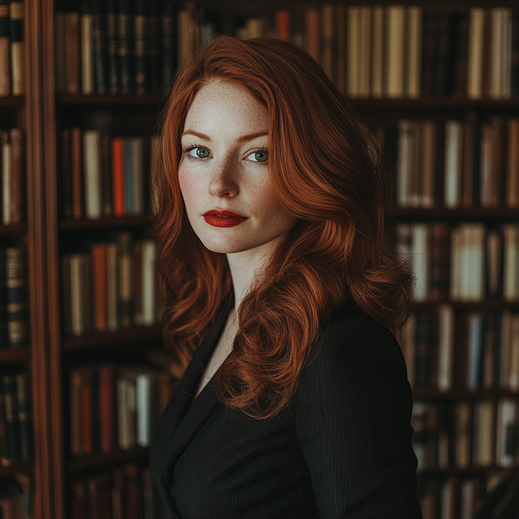 Une femme debout dans une bibliothèque | Source : Midjourney