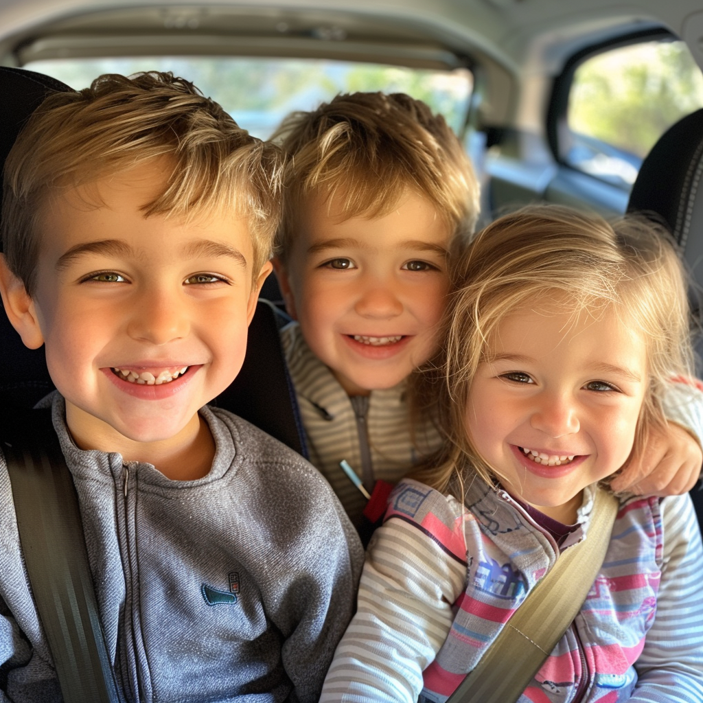 Trois petits enfants assis dans une voiture | Source : Midjourney