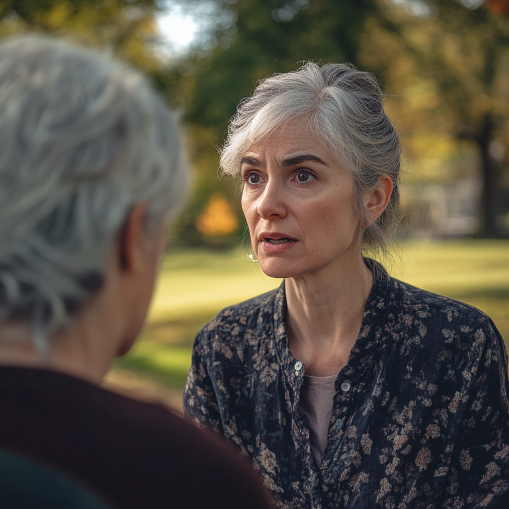 Femme choquée ayant une conversation avec une femme âgée | Source : Midjourney