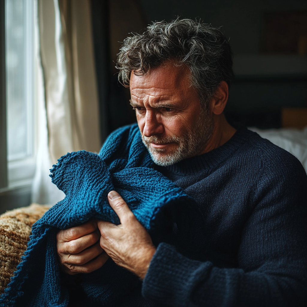 Un homme serrant un foulard dans ses mains | Source : Midjourney