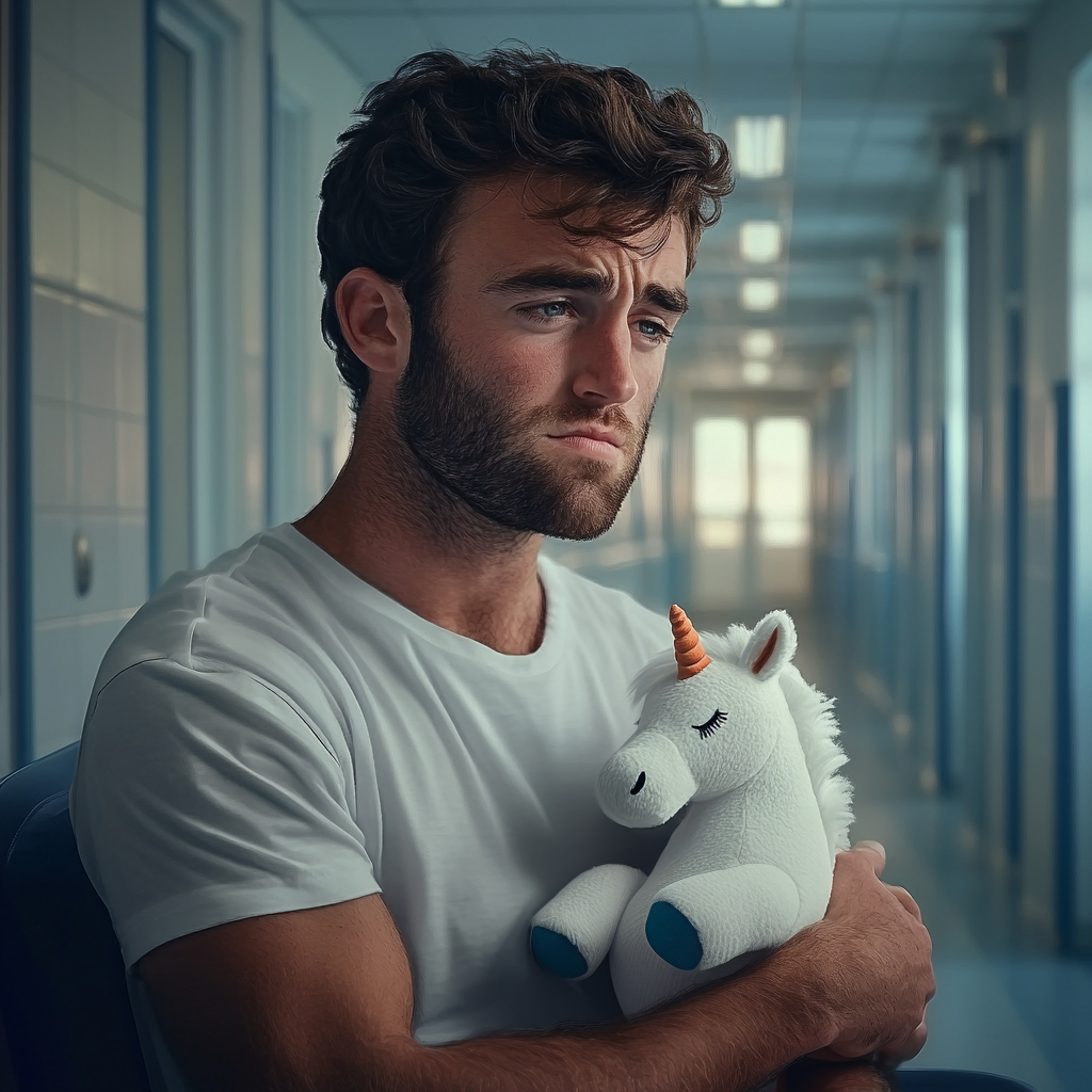 Un homme triste tenant une peluche de licorne dans un couloir d'hôpital | Source : Midjourney