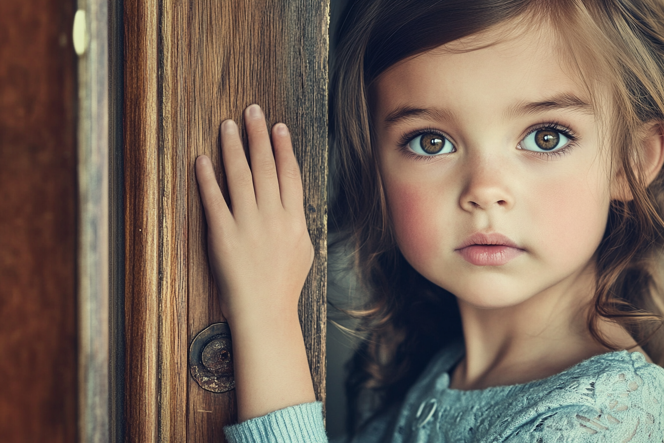 A girl standing near a closed door | Source: Midjourney