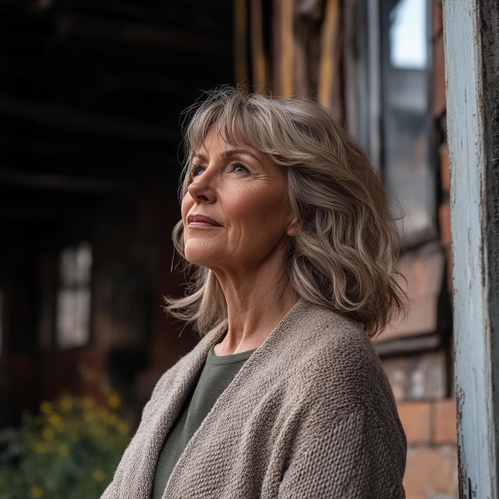 Une femme âgée debout devant un vieux bâtiment | Source : Midjourney