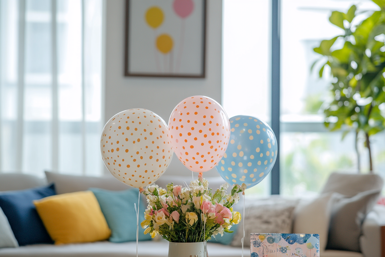 Ballons et fleurs dans un salon | Source : Midjourney