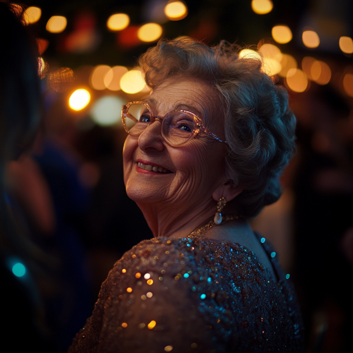 Une femme âgée à une fête, souriant joyeusement | Source : Midjourney