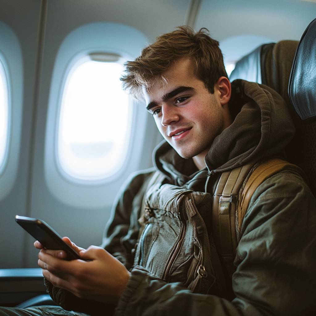 Un homme heureux qui envoie des textos pendant un vol | Source : Midjourney