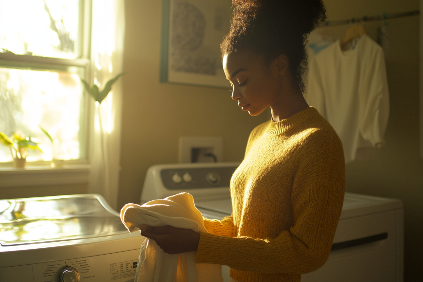 Une femme pliant du linge à côté d'une machine à laver et d'un sèche-linge | Source : Midjourney