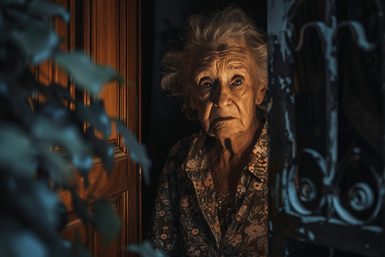 Une femme âgée debout dans l'embrasure d'une porte | Source : MidJourney