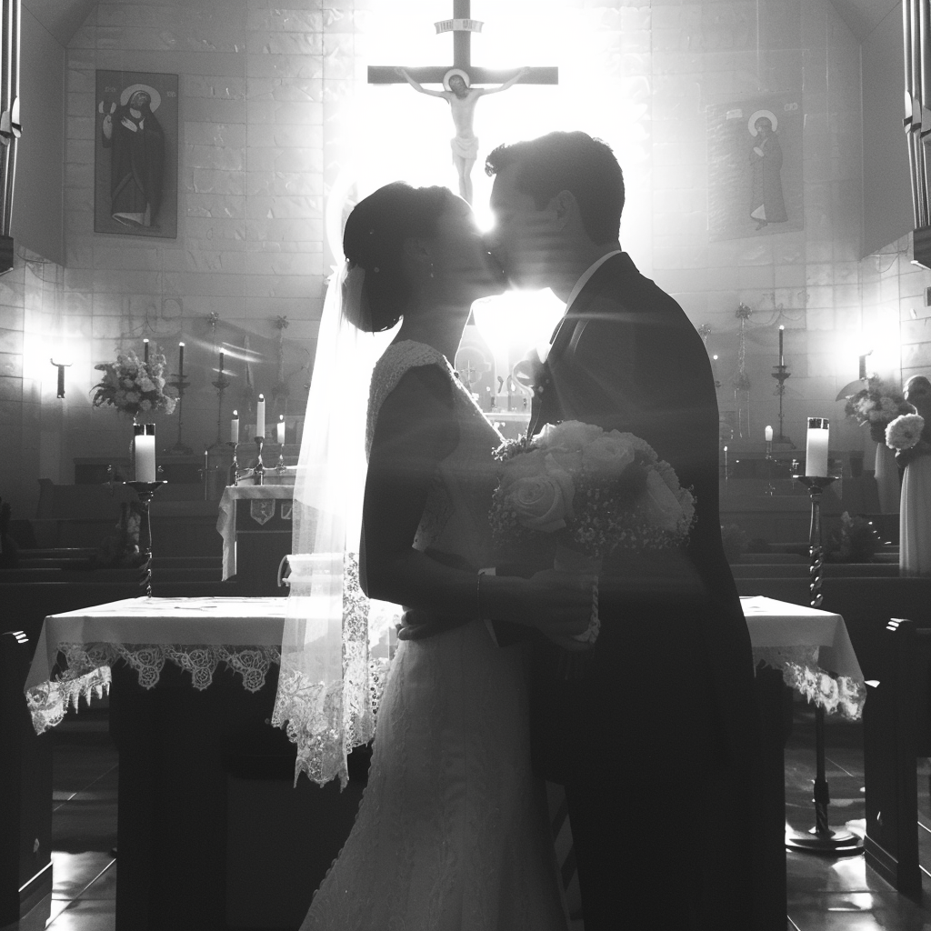 Un couple s'embrasse devant l'autel | Source : Midjourney