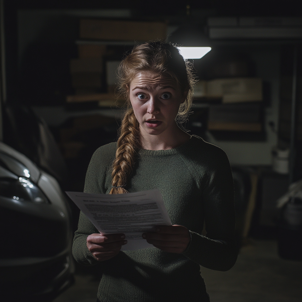 Une femme lisant un document dans un garage | Source : Midjourney