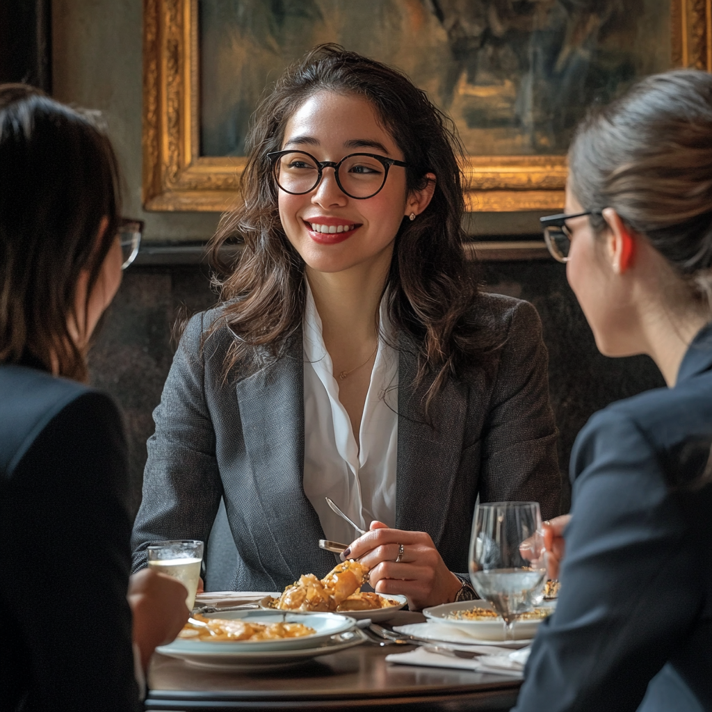 La femme sourit en réalisant qu'elle savait de qui parlait son collègue | Source : Midjourney