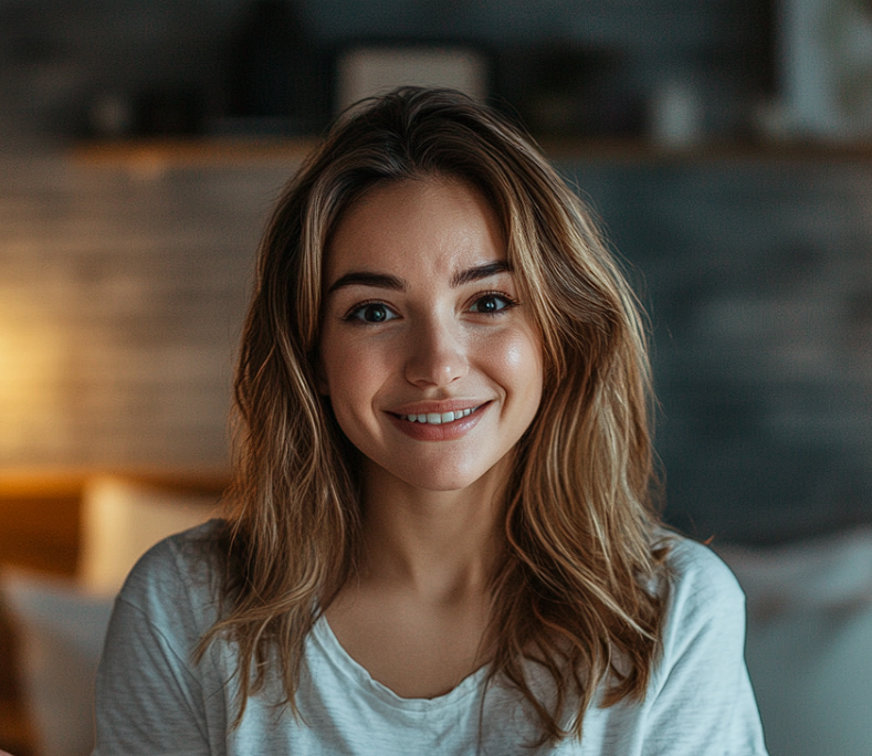 Une femme qui sourit dans sa chambre à coucher | Source : Midjourney