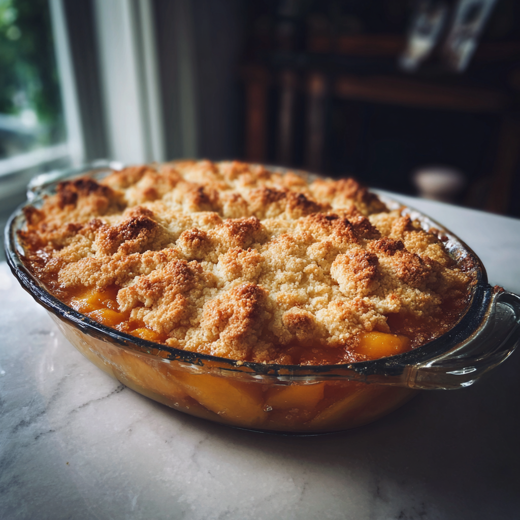 Une tarte aux pêches sur un comptoir de cuisine | Source : Midjourney