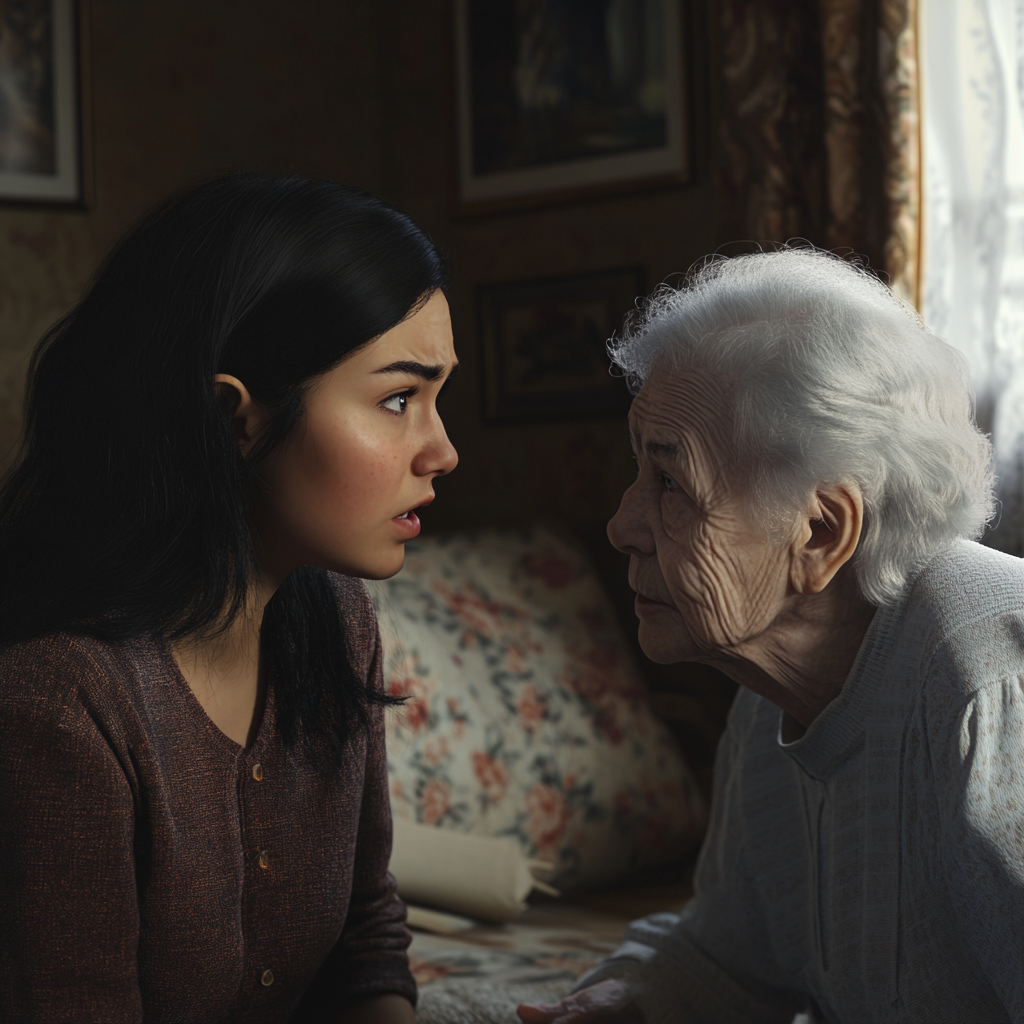 Une femme bouleversée parle à une dame âgée | Source : Midjourney