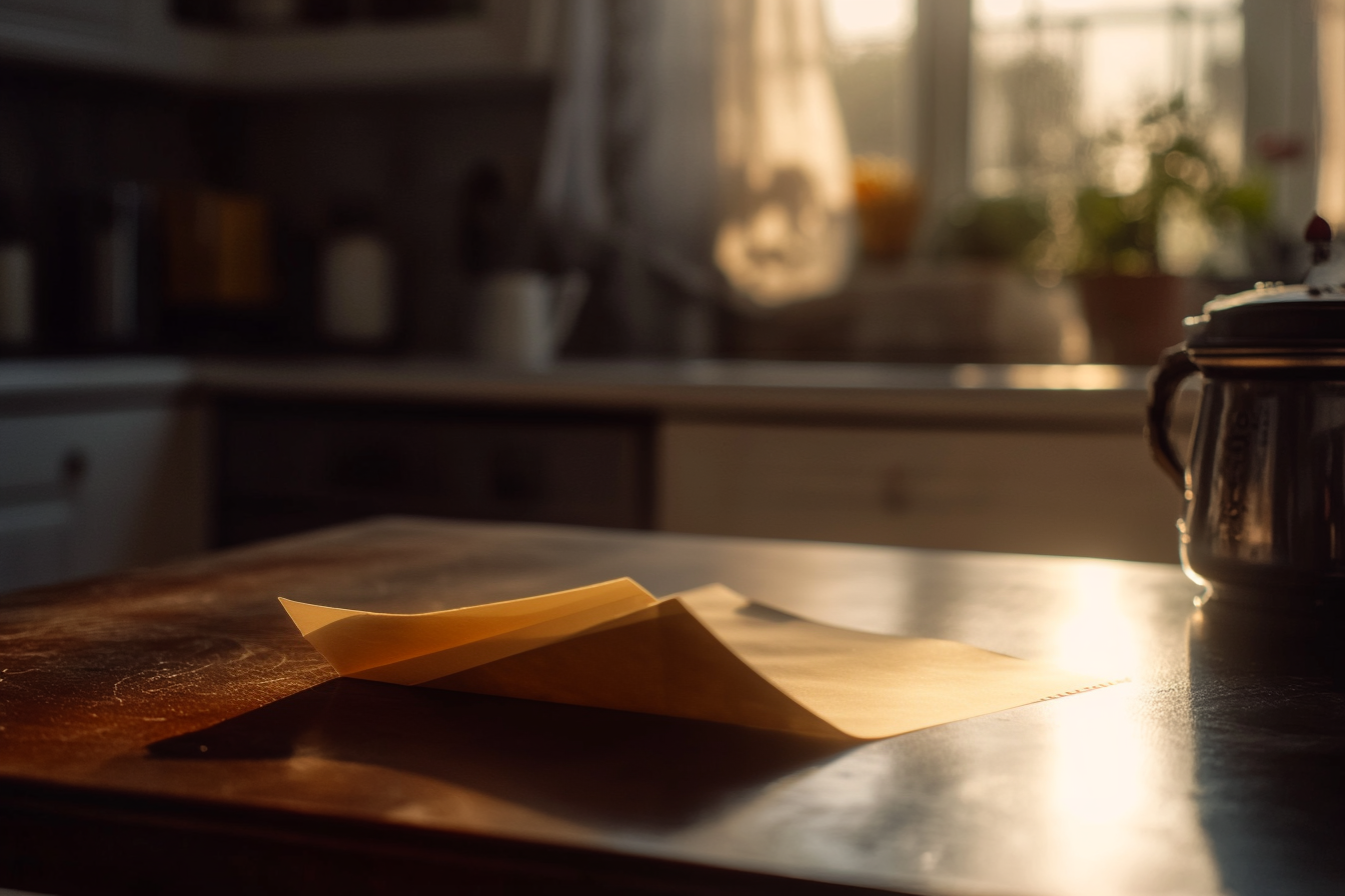 Une feuille de papier pliée sur une table de cuisine | Source : Midjourney