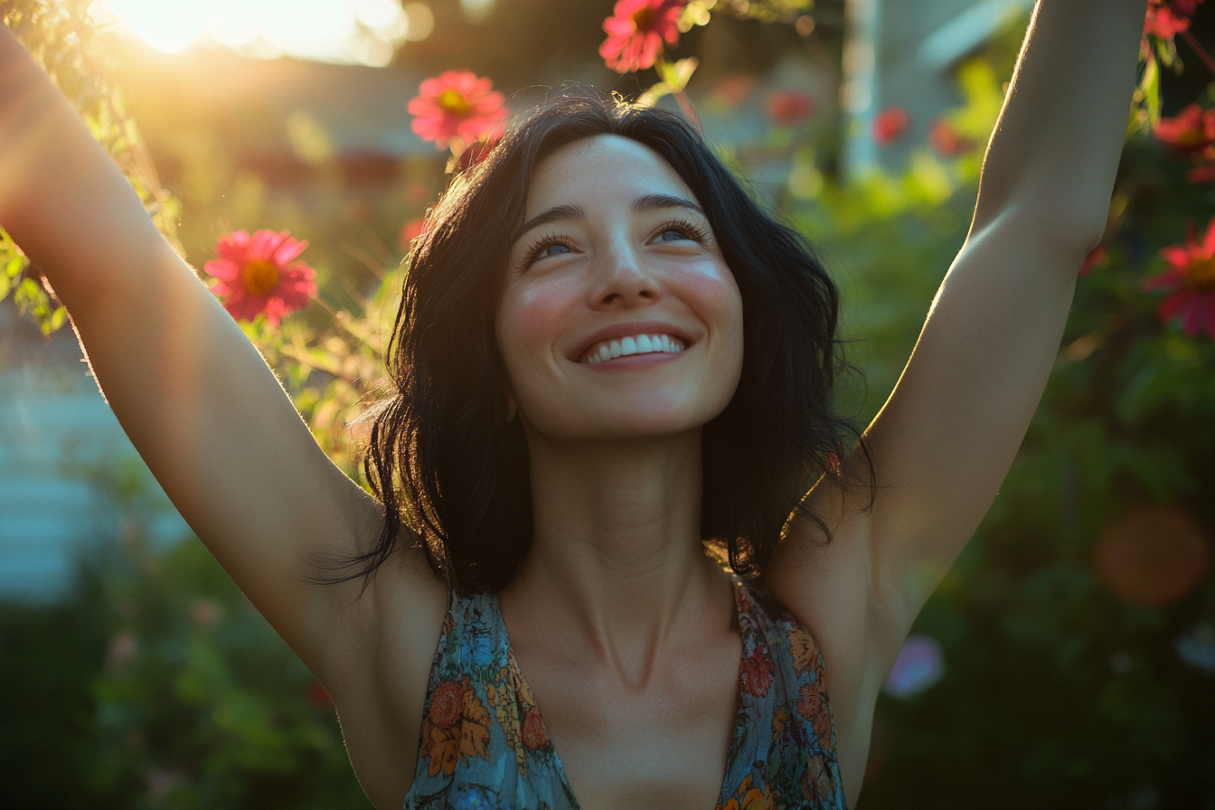 Une femme heureuse avec les bras en l'air dans un jardin | Source : Midjourney