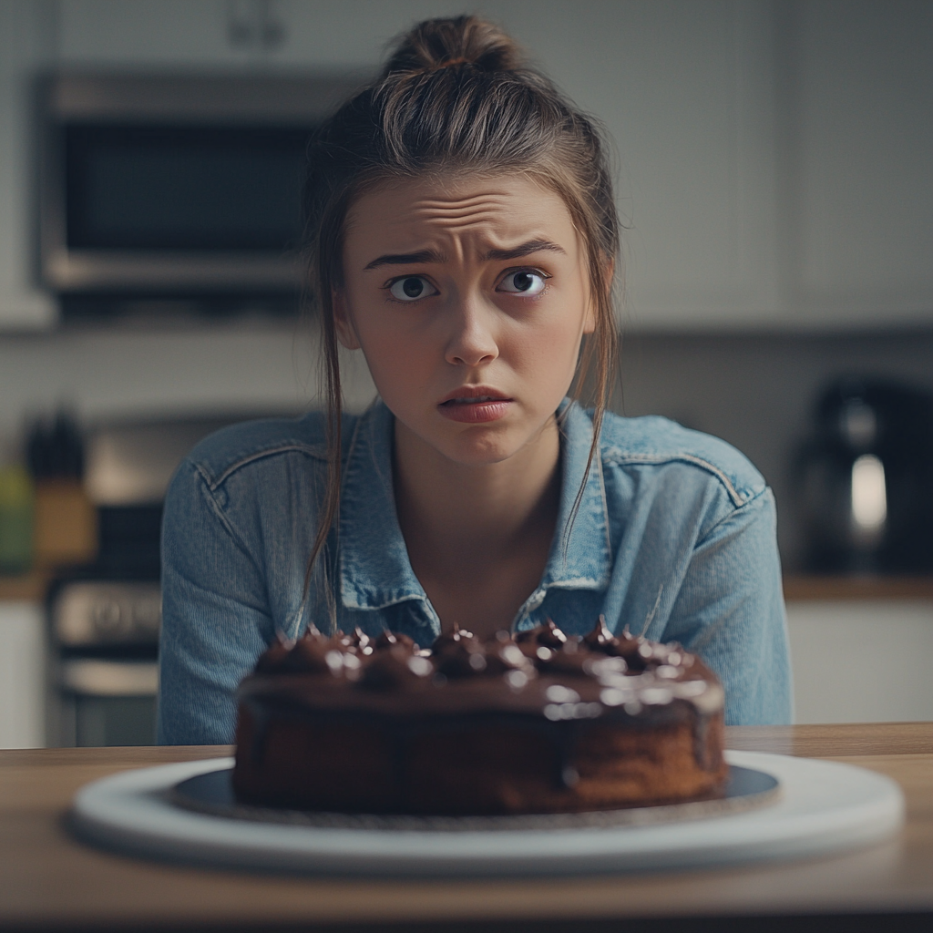 Une fille triste qui regarde le gâteau | Source : Midjourney