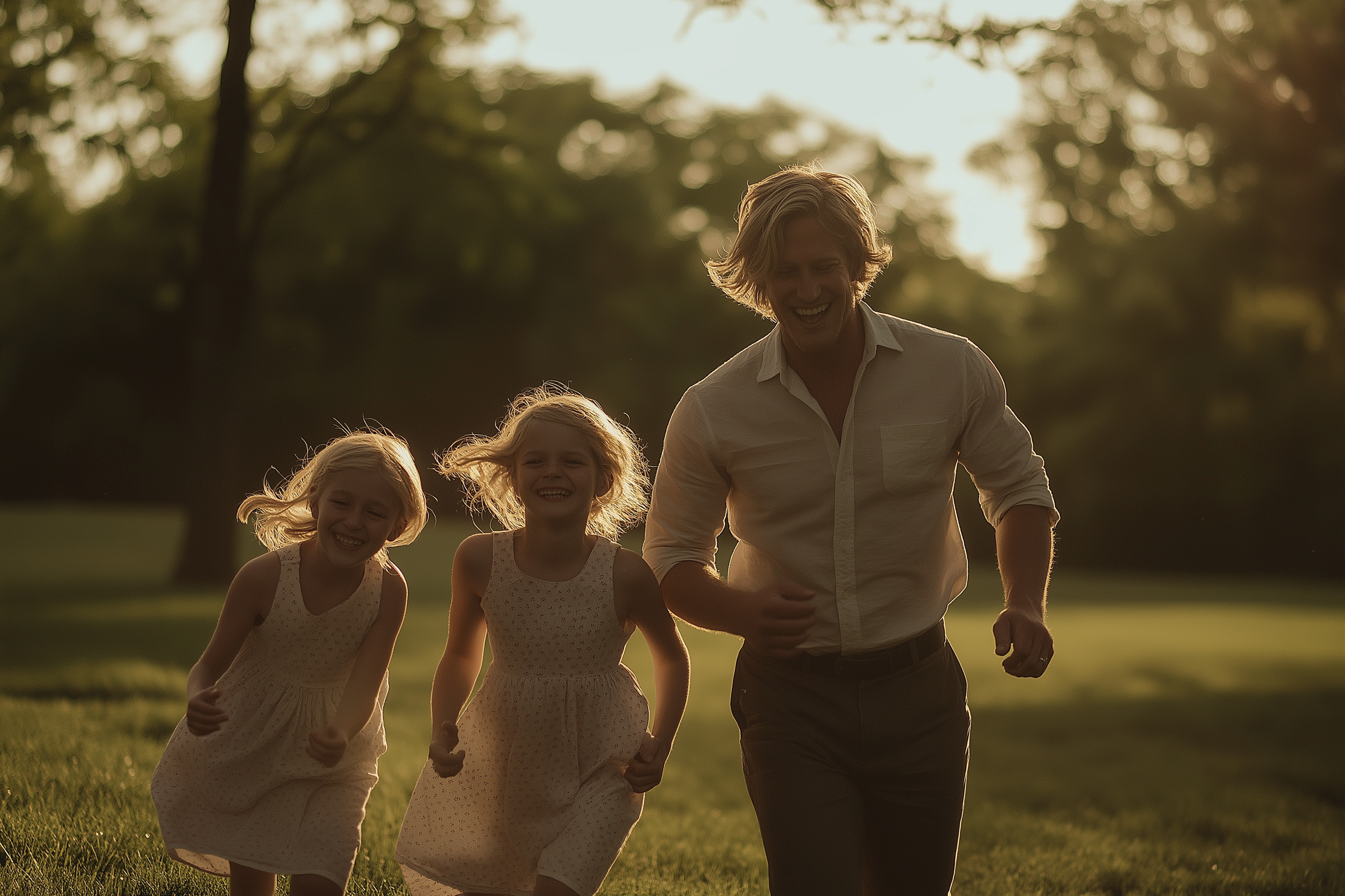 Un homme blond et heureux d'une trentaine d'années qui court dans le parc avec ses filles jumelles | Source : Midjourney